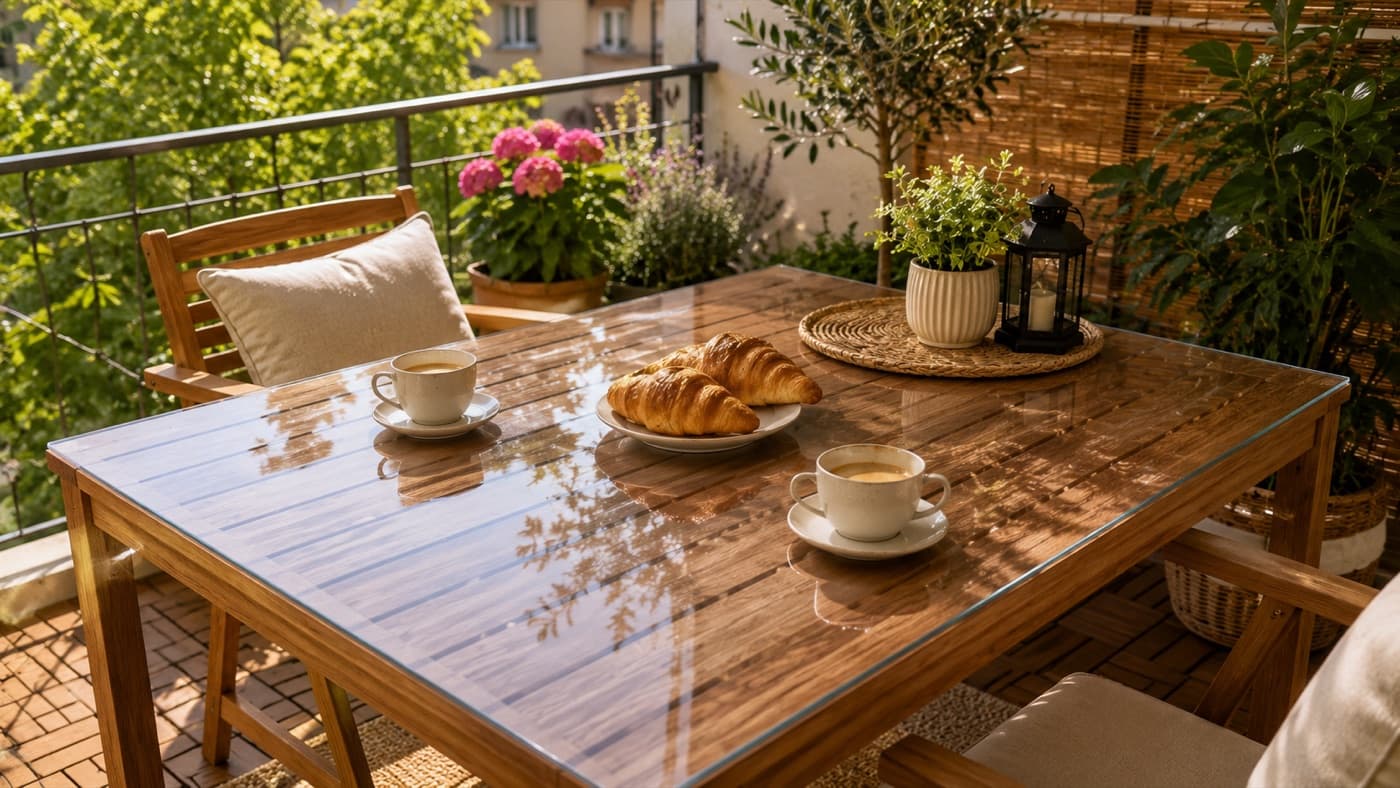 Tisch auf der Terrasse mit transparenter Schutzmatte, die Platte ist vor Wasserrändern geschützt
