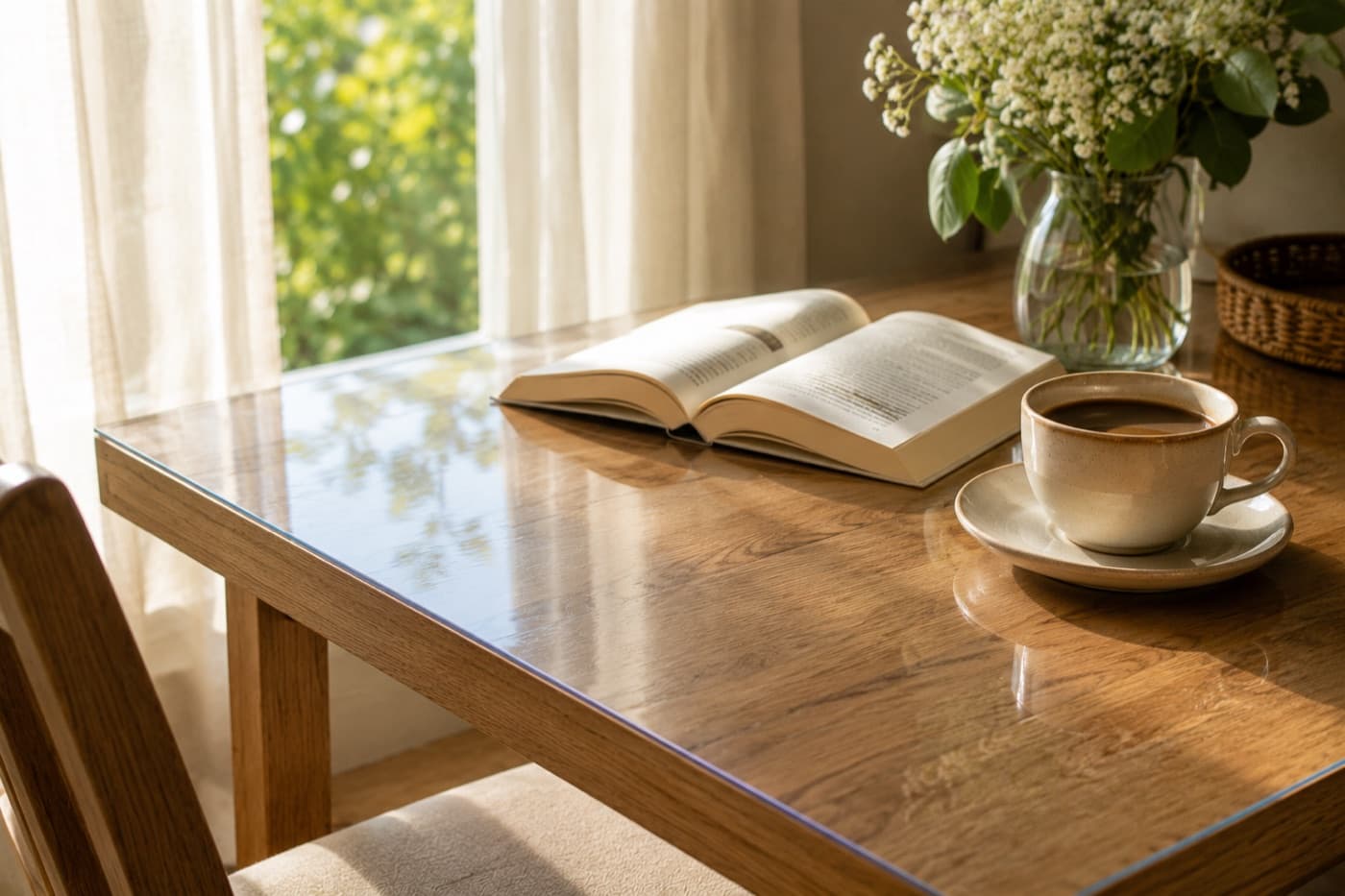 Kaffeetasse auf einem Holztisch mit Matte aus weichem Glas, die die Platte vor Flecken schützt
