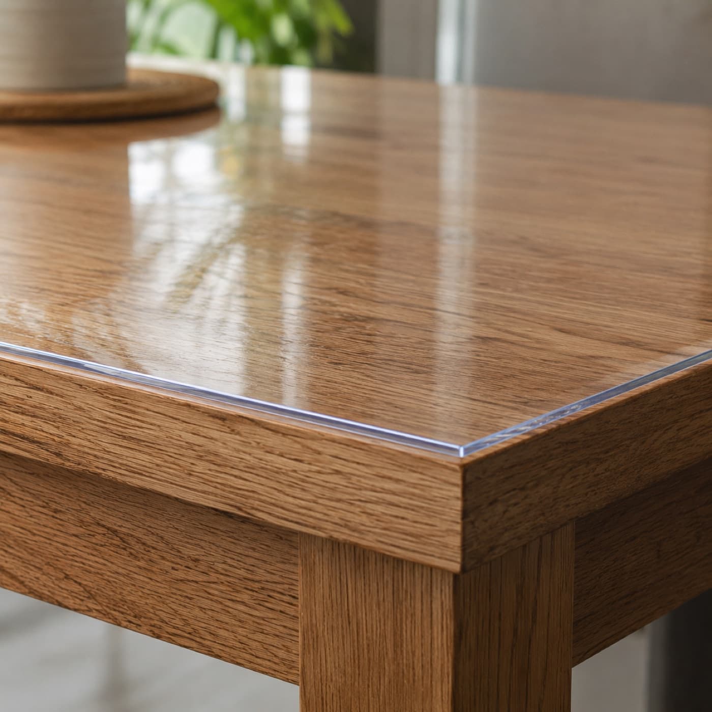 Transparente Schutzmatte auf einem Holztisch, die Maserung bleibt durch die Matte gut sichtbar