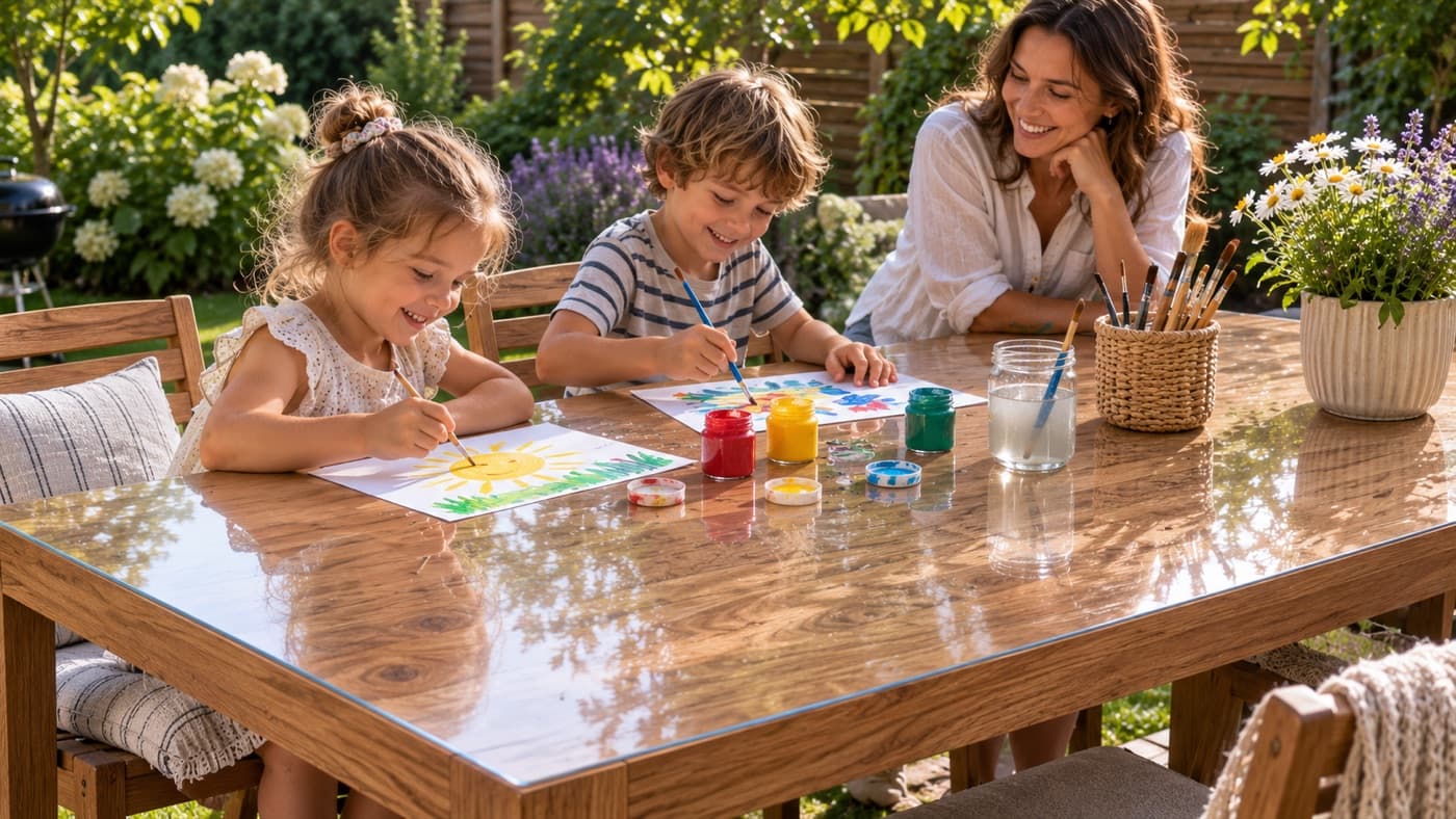 Familientisch, geschützt durch eine transparente Matte aus weichem Glas