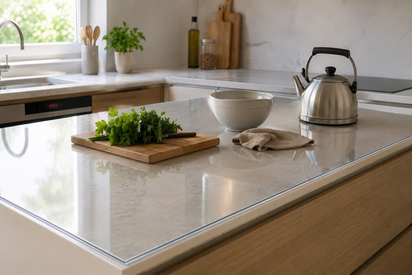 Transparente Auflage für die Küchenarbeitsplatte 60x180 aus weichem Glas, passgenau bis zur Kante