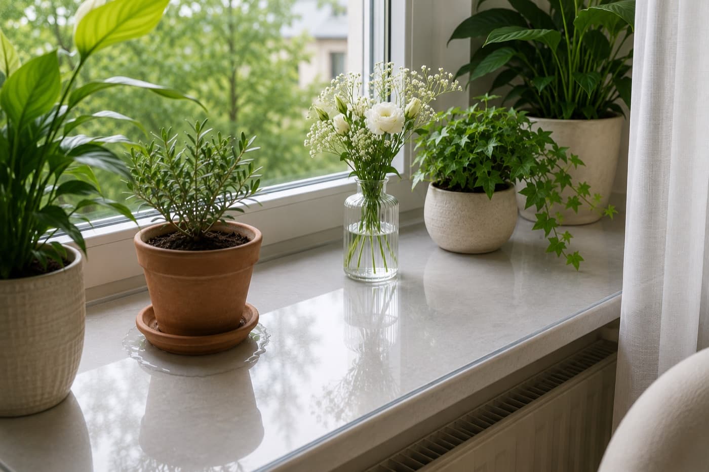 Transparente Matte auf einer Fensterbank unter Blumentöpfen