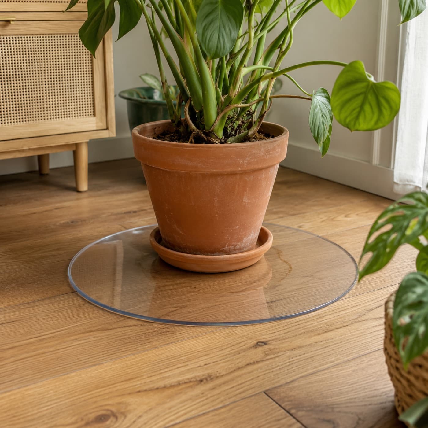 Transparente Schutzmatte Ø30 cm aus weichem Glas Glanz auf der runden Tischplatte