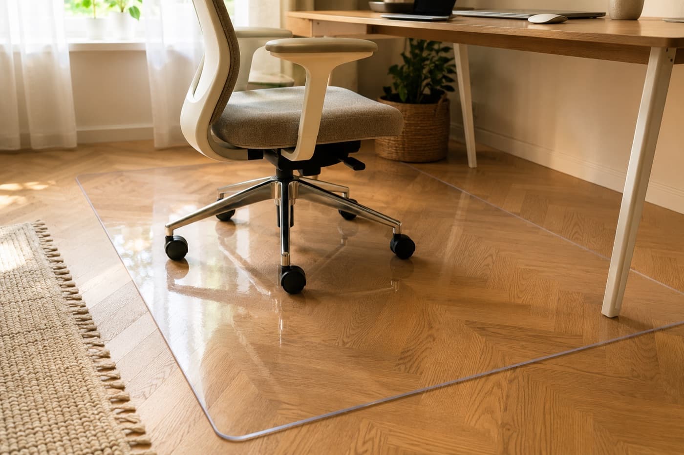 Transparente Matte aus weichem Glas in einer Arbeitsecke zu Hause